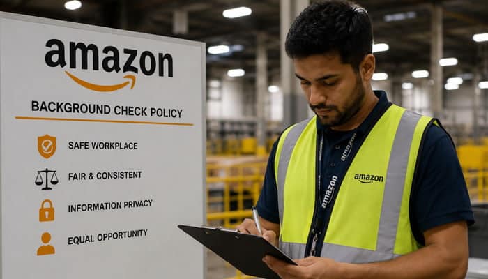 What Amazon Officially Says About Background Checks - Startupeditor | Startup Editor Does Amazon Hire Felons background check illustration showing a warehouse worker reviewing hiring information.