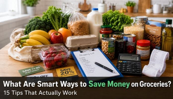 What are smart ways to save money on groceries? Grocery budgeting with fresh food, shopping list, calculator, and receipt