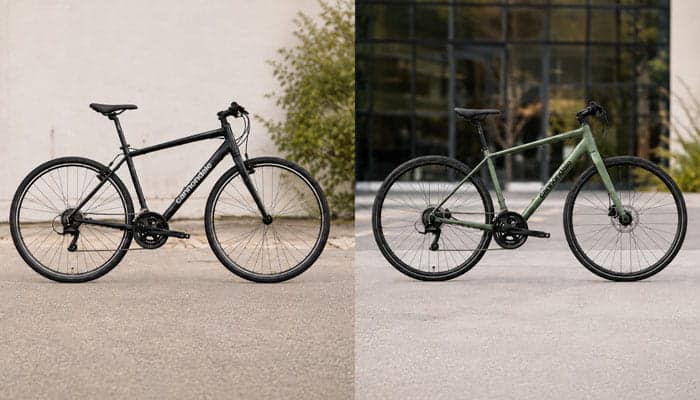 What Changed on the Current Cannondale Quick 3 - Startupeditor | Startup Editor Cannondale Quick 3 hybrid bikes shown in two frame colors outside a modern urban building.