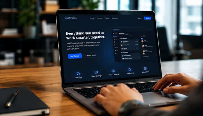 What Exactly Is MeetShaxs Supposed to Be - Startupeditor | Startup Editor Software Name MeetShaxs collaboration platform displayed on a laptop with team chat, video meetings, tasks, file sharing, and automation.