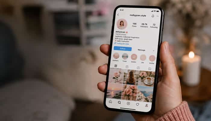 What Is MollyGram Instagram - Startupeditor | Startup Editor MollyGram Instagram profile viewer shown on a smartphone held in a user's hand.