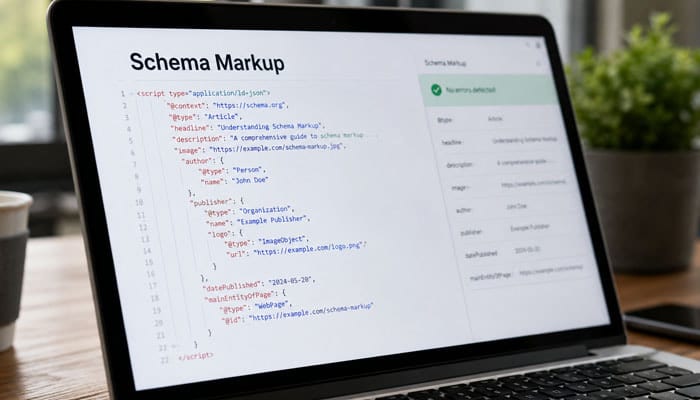 What Is Schema Markup - Startupeditor | Startup Editor How to boost SEO using schema with Schema Markup and JSON-LD code displayed on a laptop.