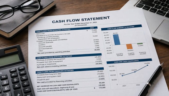 What Is a Cash Flow Statement example showing operating, investing, and financing cash flows with charts and financial figures.