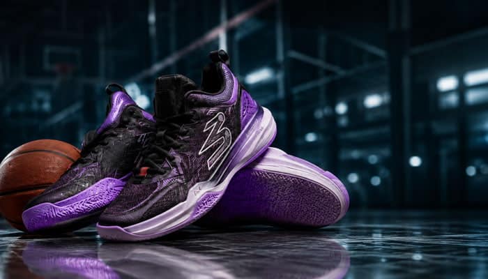 What Is the 361 Degrees BIG3 - Startupeditor | Startup Editor Black and purple 361 Degrees BIG3 4.0 Quick basketball shoes displayed on an indoor court