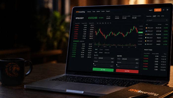 What Is the RPRInvesting Exchange Guide from RipRoar - Startupeditor | Startup Editor RPRInvesting Exchange Guide from RipRoar cryptocurrency trading dashboard displayed on a laptop