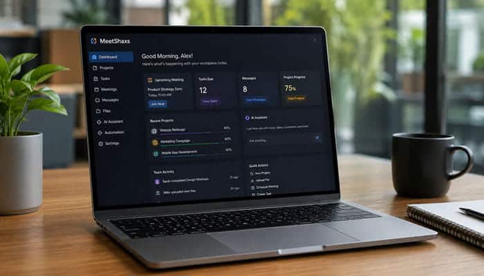 What Is the Trend of MeetShaxs Software - Startupeditor | Startup Editor Software Name MeetShaxs dashboard on a laptop showing projects, tasks, meetings, messages, files, AI assistant, and automation tools.
