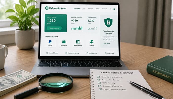What Would Make MyGreenBucks | Startup Editor Latest News MyGreenBucks.net transparency and security review with rewards dashboard, privacy checklist, and account information.