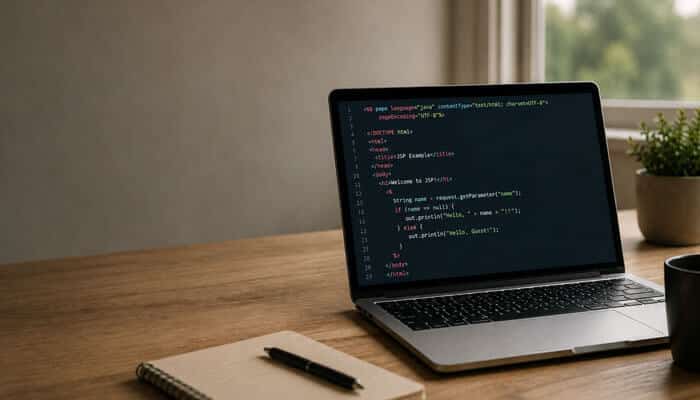When Should You Use JSP Yourself - Startupeditor | Startup Editor What Does JSP Mean in Text programming example showing JSP code on a laptop screen.