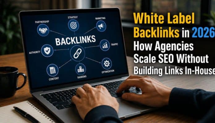 White Label Backlinks in 2026 displayed on a laptop as an SEO agency manages backlink campaigns.