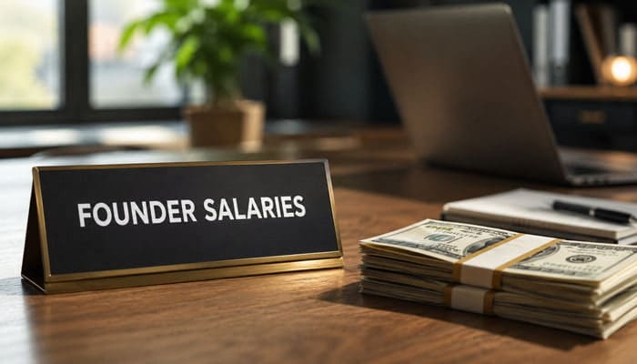Who Decides Founder Salaries - Startupeditor | Startup Editor Founder salaries represented by cash, a laptop, and an office sign for the Difference Between Founder and Co Founder.