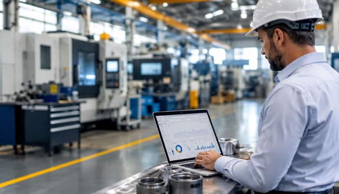 Why SEO Matters for Manufacturing Companies - Startupeditor | Startup Editor Manufacturing professional reviewing website analytics for SEO for manufacturing companies inside a modern factory.