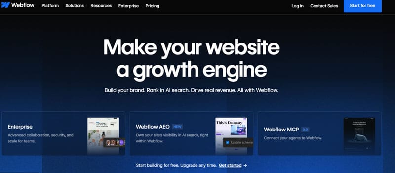 Webflow — Best for Turning the Brand Into a Website - Startup Editor | Startup Editor Best Branding Tools for Startups featuring Webflow’s website-building platform for creating professional brand sites, improving AI search visibility, and supporting digital growth.