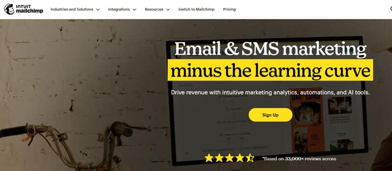 Mailchimp — Best for Extending Branding Into Email - Startup Editor | Startup Editor Best Branding Tools for Startups featuring Mailchimp’s email and SMS marketing platform with automation, analytics, AI tools, and multichannel customer engagement features.