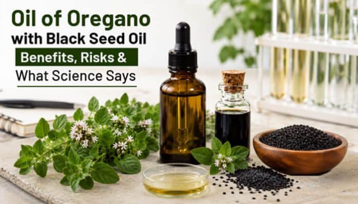 Oil of Oregano with Black Seed Oil displayed in amber bottles beside fresh oregano leaves, flowers, black seeds, and laboratory glassware.