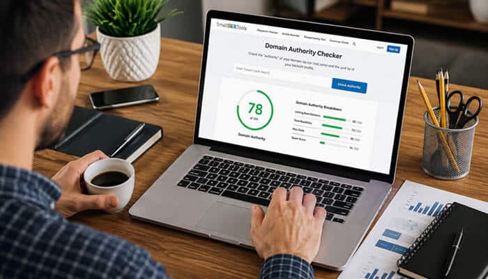 How to Use a Domain Authority Checker - Startup Editor | Startup Editor SEO professional using a Domain Authority Checker tool to evaluate website authority score and backlink data