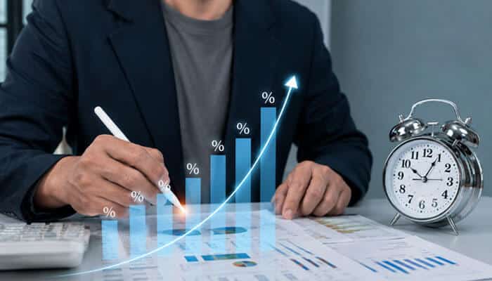 ROI and Time-Saving Analysis: The Numbers Behind the Hype - Startup Editor | Startup Editor Why GenBoosterMark Software Is So Popular in 2026, illustrated by a business professional analyzing rising performance metrics alongside a clock.