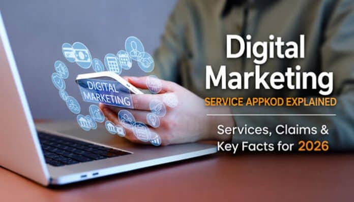 Digital Marketing Service Appkod Explained with a professional using a laptop and digital marketing tools, highlighting services, claims, and key facts for 2026.