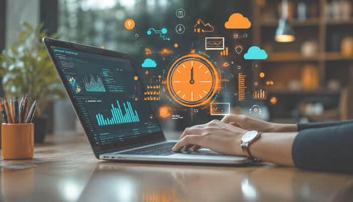 Alignment with 2026 SaaS Trends: Why the Timing Is Perfect - Startup Editor | Startup Editor Why GenBoosterMark Software Is So Popular in 2026, represented by a laptop with analytics dashboards, automation icons, and a digital productivity clock.