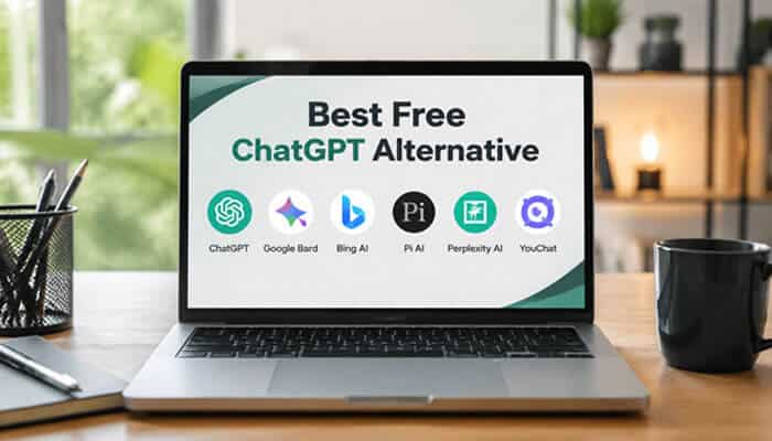 Best Free ChatGPT Alternative - Startup Editor | Startup Editor Best free ChatGPT Alternative AI tools displayed on a laptop screen, highlighting popular assistants for research, content creation, and productivity workflows.