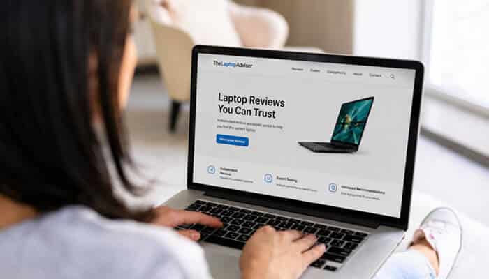 Who Pays for the Laptop Being Reviewed? - Startup Editor | Startup Editor Expert Reviews TheLaptopAdviser in 2026 showing a user browsing laptop reviews focused on testing, independent analysis, and unbiased recommendations.