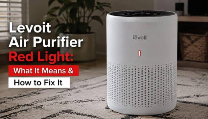 Levoit Air Purifier Red Light illuminated on a white air purifier, highlighting the filter warning indicator and helping users understand what it means and how to fix it.