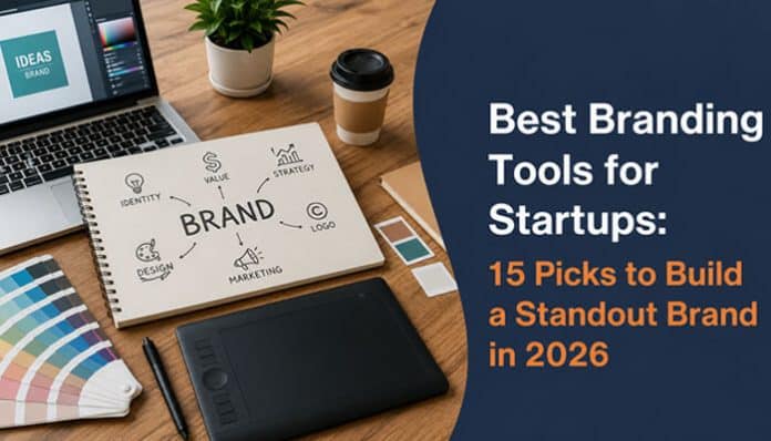 Best Branding Tools for Startups featuring a brand strategy workspace with design tablet, color palette, laptop, and visual identity planning.