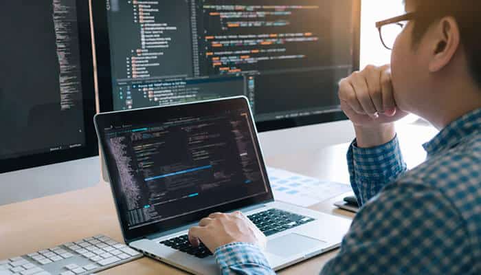 How Does EndBugFlow Software Work When You First Set It Up? - Startup Editor | Startup Editor How Does EndBugFlow Software Work as a developer examines application code and debugging information across a laptop and desktop monitor.