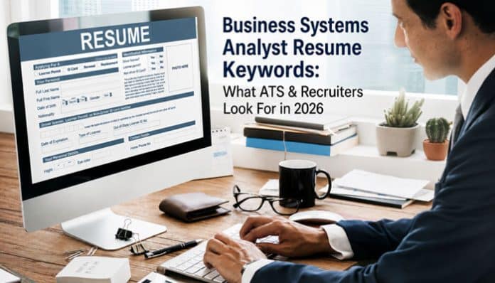 Business Systems Analyst Resume Keywords guide showing an ATS-ready resume on a computer as a professional reviews skills and recruiter requirements for 2026.