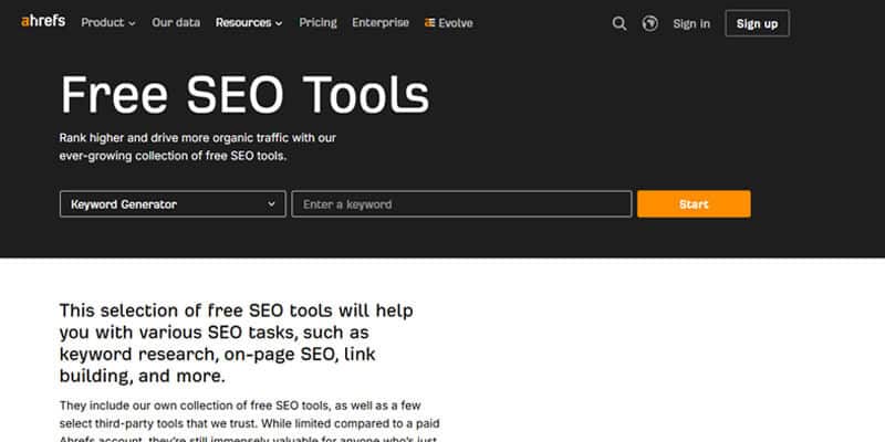 Ahrefs Free Tools - Best for Backlinks and SERP Research - Startup Editor | Startup Editor Ahrefs Free SEO Tools page with keyword research features, highlighted among the Best Free Competitor Analysis Tools in 2026.