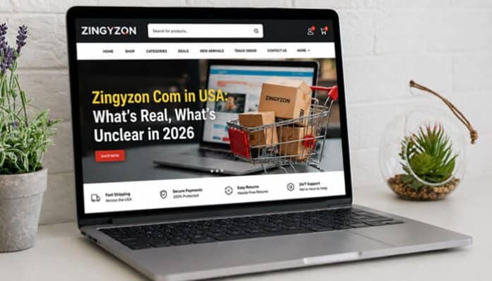 Zingyzon Com in USA displayed on a laptop, highlighting the platform’s online shopping features, product categories, deals, payments, and customer services in 2026.