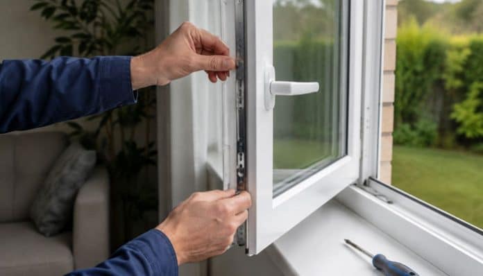 Close-up of hands installing a white casement window, one hand on the frame and the other on the sash, with a screwdriver on the sill.