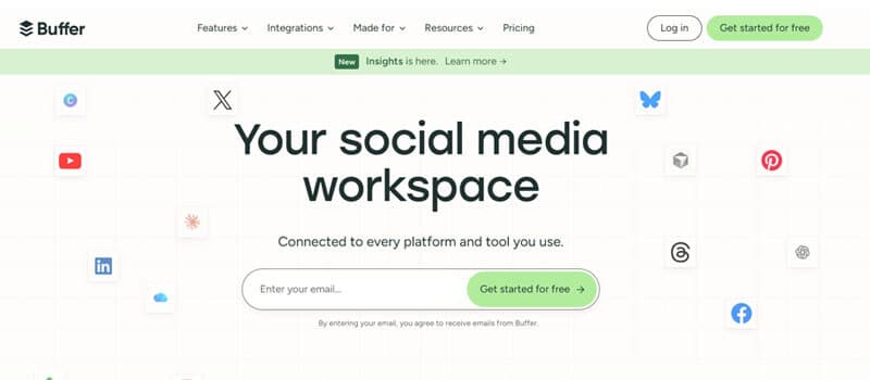 Buffer — Best for Consistent Social Publishing - Startup Editor | Startup Editor Best Branding Tools for Startups featuring Buffer’s social media management workspace for scheduling posts, managing multiple platforms, analyzing performance, and maintaining consistent brand communication.