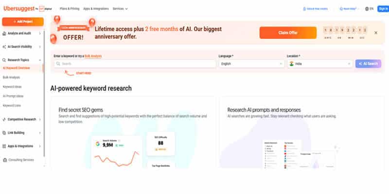 Ubersuggest - Best for Keyword Gap Research - Startup Editor | Startup Editor Ubersuggest AI-powered keyword research dashboard featured among the Best Free Competitor Analysis Tools in 2026 for SEO analysis.