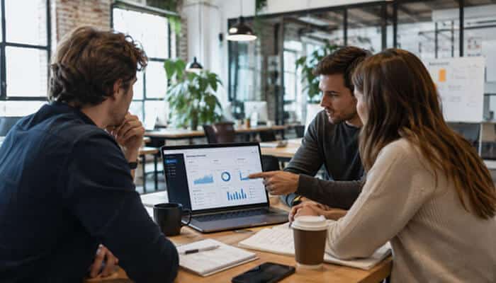 How Much Does Startup Booted Cost? - Startup Editor | Startup Editor Startup Booted team reviewing financial charts and business performance data on a laptop during a startup strategy meeting.