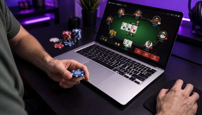 Why Gaming Audiences Cross Between Categories - Startup Editor | Startup Editor EuroGamersOnline From Consoles to Casinos concept showing online casino gaming on a laptop with poker gameplay, digital interfaces, and modern gaming technology connecting traditional gaming audiences with iGaming trends.