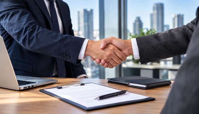 B2B Sales - Startupeditor | Startup Editor Business professionals shaking hands after completing Target Company URL Research and company verification.