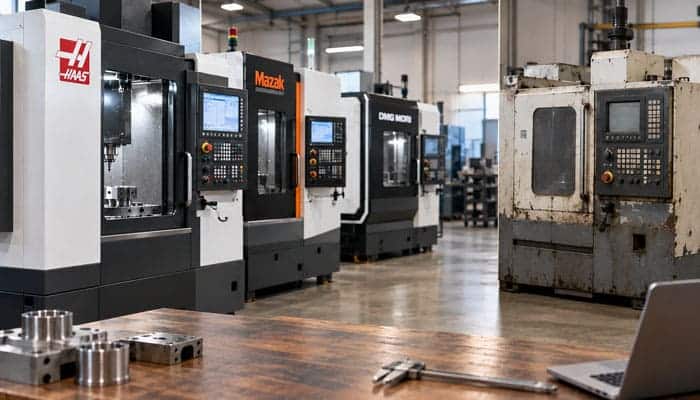 Brand and control generation move the price more than age does - Startupeditor | Startup Editor Row of CNC machining centers in a factory, with metal parts on a wooden workbench and a laptop nearby.