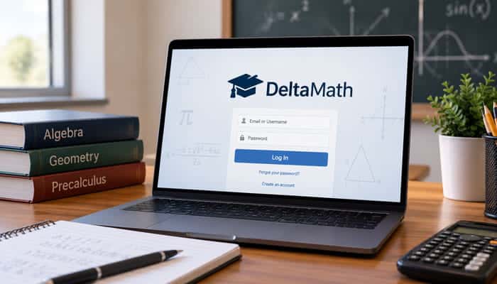 Delta Math Login - Startupeditor | Startup Editor Delta Math login screen displayed on a laptop in a classroom study setting