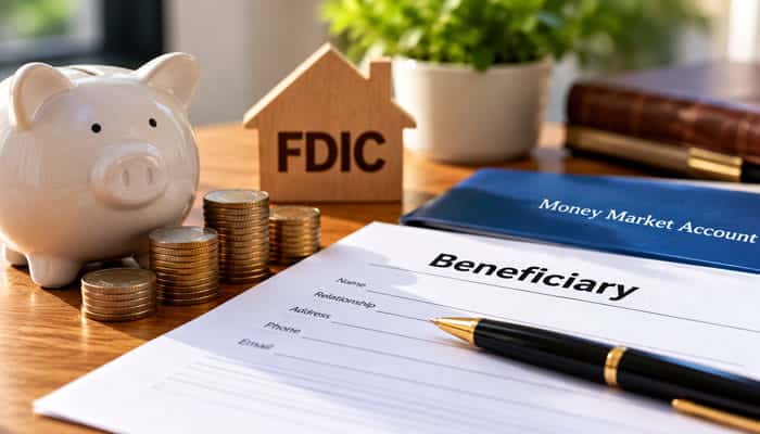 Does a Beneficiary Increase FDIC Coverage - Startupeditor | Startup Editor Is a money market account FDIC insured with beneficiary form, FDIC symbol, piggy bank, and coins