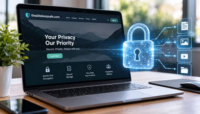 How Encryption Works Inside Thealitekeepsafe com - Startupeditor | Startup Editor Inside Thealitekeepsafe.com security review showing a laptop with digital privacy and encrypted storage protection.