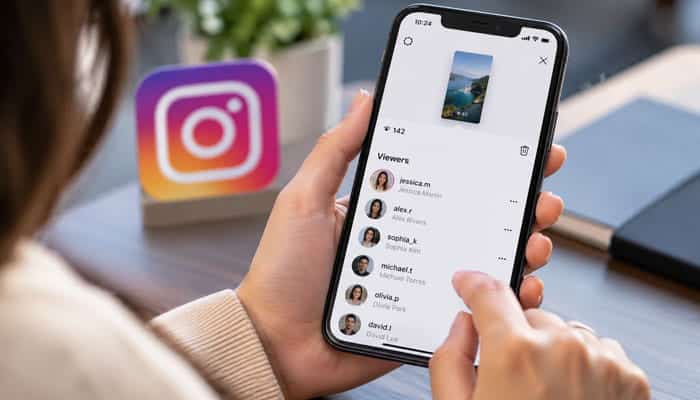 How Instagram Story Views WorkCreate a realistic - Startupeditor | Startup Editor Vedere Storie Instagram viewer list displayed on a smartphone showing Story views and profiles.