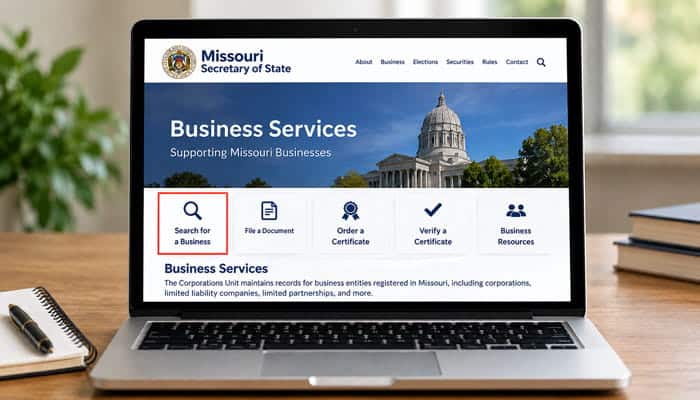 How to Access the Official Missouri Business Search - Startupeditor | Startup Editor Missouri Secretary of State Business Search displayed on a laptop with Search for a Business option