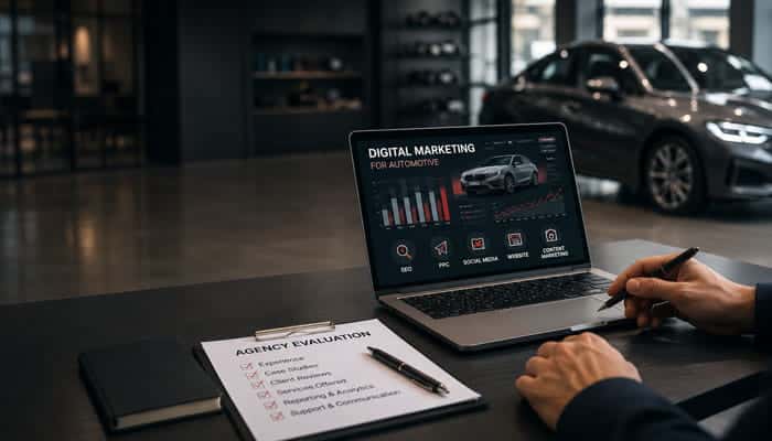 How to Choose the Best Automotive Digital Marketing Agency - Startupeditor | Startup Editor Automotive Digital Marketing Agency evaluation with dealership marketing analytics displayed on a laptop.