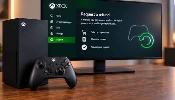 How to Improve Your Chances of a Smooth - Startupeditor | Startup Editor Xbox Game Refund request screen with Xbox console, controller, and steps to select a purchase, choose a reason, and submit a refund.