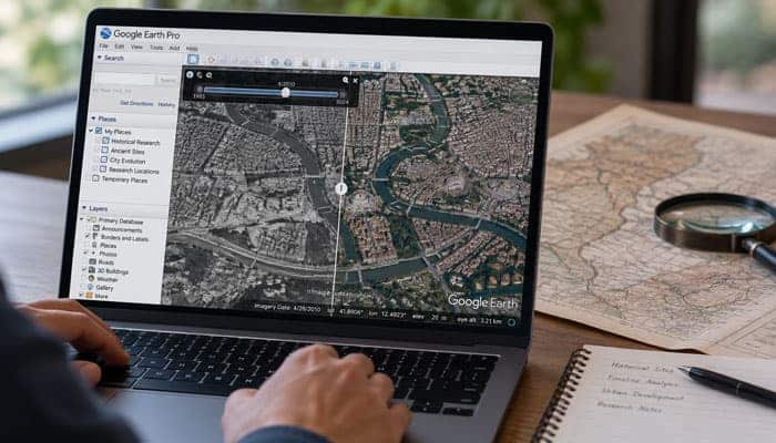 How to Use Google Earth Pro for Historical Research - Startupeditor | Startup Editor Google Earth Pro historical imagery comparison displayed on a laptop for geographic research.
