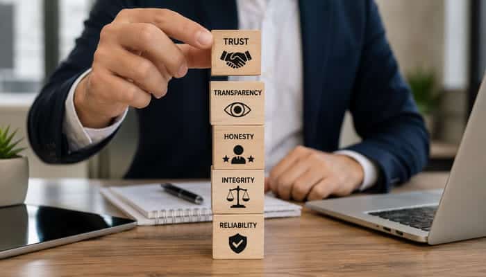 Improve Trust and Transparency - Startupeditor | Startup Editor Bralad.com trust analysis concept with trust, transparency, honesty, integrity and reliability blocks.