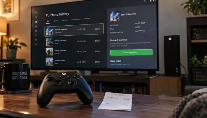 Is Every Xbox Game Automatically Refundable - Startupeditor | Startup Editor Xbox Game Refund screen showing purchase history, refund eligibility, Xbox controller, console, and digital game purchase details.