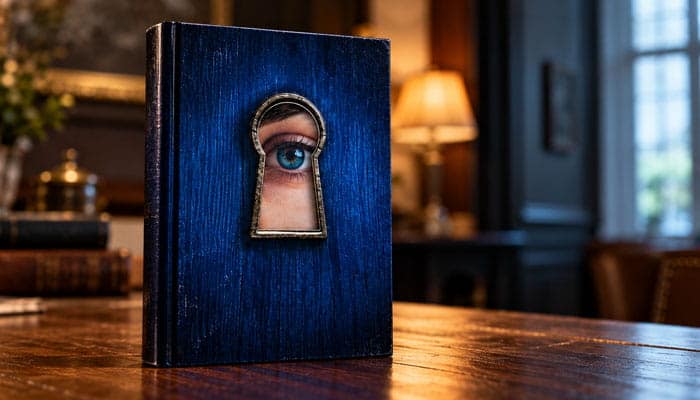 Is The Housemaid Based on a Book - Startupeditor | Startup Editor The Housemaid Parents Guide image featuring a mysterious keyhole book in a dark room.