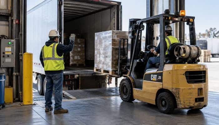 Loading and Unloading Without Creating A Safety Incident - Startupeditor | Startup Editor Warehouse loading scene: forklift moves palletized goods from a semi-trailer while a worker guides it wearing a high-visibility vest and hard hat.