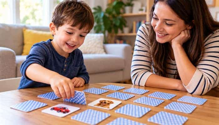 Matching Card Game - Startupeditor | Startup Editor Best memory games for kids featuring a child playing a matching card game with a parent